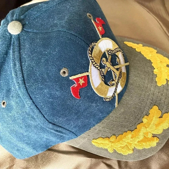 Women's Cap Sun Hat in Denim Blue & Khaki with Marine Sailor Embroidered Design - Picture 7 of 8